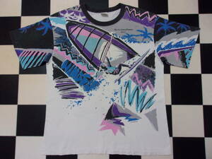 90's Windsurfing 総柄 Tシャツ one size (XL位~) 90年代 USA製 ウインドサーフィン フルプリント Old Vintage 古着 マリン スポーツ