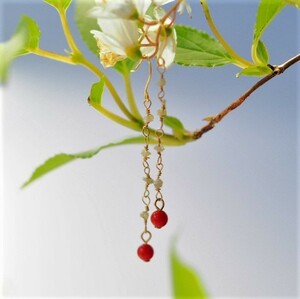  red coral natural diamond raw ore K18 earrings domestic production coral small bead 