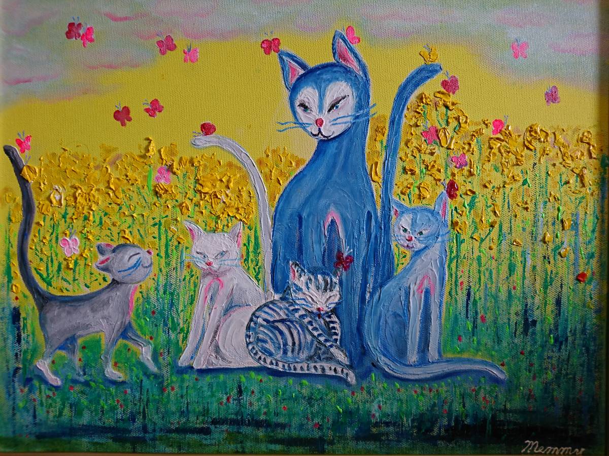 ≪Komikyo≫, Mémi Sato, Chats dans le champ de viol, peinture à l'huile, F6 n° : 40, 9×31, 8 cm, Peinture à l'huile unique en son genre, Peinture à l'huile neuve de haute qualité avec cadre, Signé à la main et authenticité garantie, peinture, peinture à l'huile, Nature, Peinture de paysage