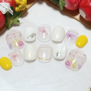 チビ爪 ショート ガーリ 花柄 クリア ポップ ネイルチップ アート 付け爪 ショート丈ハンドメイド 綺麗系