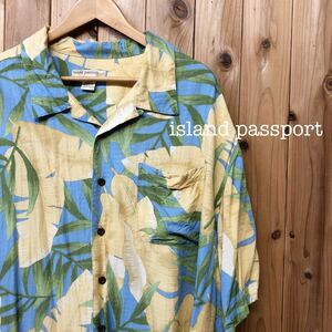 island passport／メンズ 2XL 大きいサイズ アロハシャツ ハワイアン トップス 半袖 レーヨン素材 涼感 総柄 リーフ柄 アメカジ USA古着