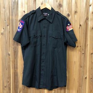 【USA製】SOUTHEASTERN／メンズ 16 1/2 SS 黒 ワークシャツ 半袖シャツ エポレットシャツ 刺繍ワッペン FIRE DEPT カレッジ 企業系 USA古着