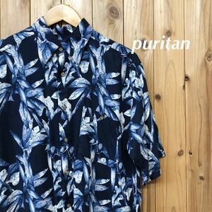 puritan／ピューリタン メンズ M アロハシャツ 半袖シャツ レーヨン素材 涼感 バンブー柄 紺 総柄 ハワイアンシャツ アメカジ USA古着