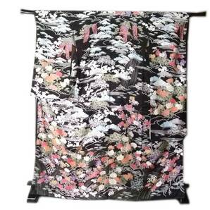 振袖 正絹 lf173 京友禅 お仕立て上がり 黒地古典総柄花模様 新品 送料込み