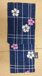 新品 仕立て上がり浴衣 22 綿絽 紺色 格子に花文様 浴衣 未使用 未仕立て 綿 ゆかた ユカタ 送料無料 祭り 浴衣祭り　