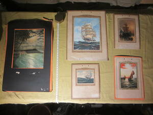 戦前アンティーク？ 古い「海の風景画と帆船の絵」：複製画（印刷）５枚です。