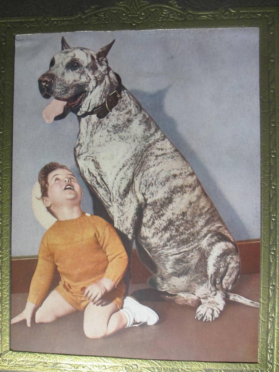Pre-war antique old reproduction painting Dog and Child 22cm x 17cm: Reproduction painting (print)., Artwork, Painting, Portraits