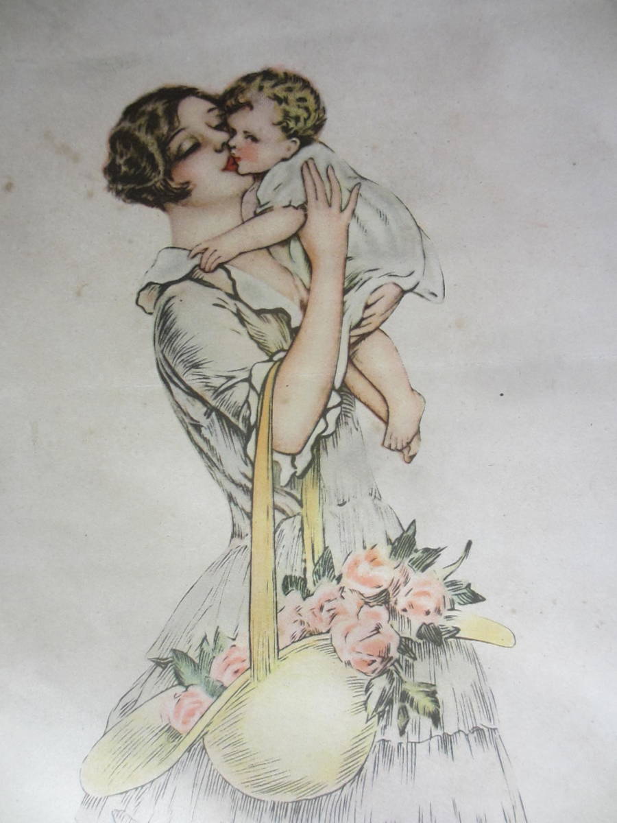 戦前アンティーク 古い美人画 ｢赤子を抱く美女｣27cmX14cm :複製画(印刷)です｡, 美術品, 絵画, 人物画