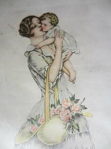 戦前アンティーク？ 古い美人画 「赤子を抱く美女」27cmX14cm ：複製画（印刷）です。