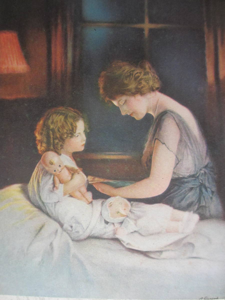 Prewar antique old beauty painting Beautiful girl and mother 17cm x 13cm: Reproduction (print)., Artwork, Painting, Portraits