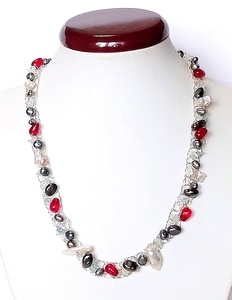 Art hand Auction ★Handmade★One of a kind★Gray pearl and red Indian bead silver braided necklace, necklace, pendant, pearl, Freshwater pearls