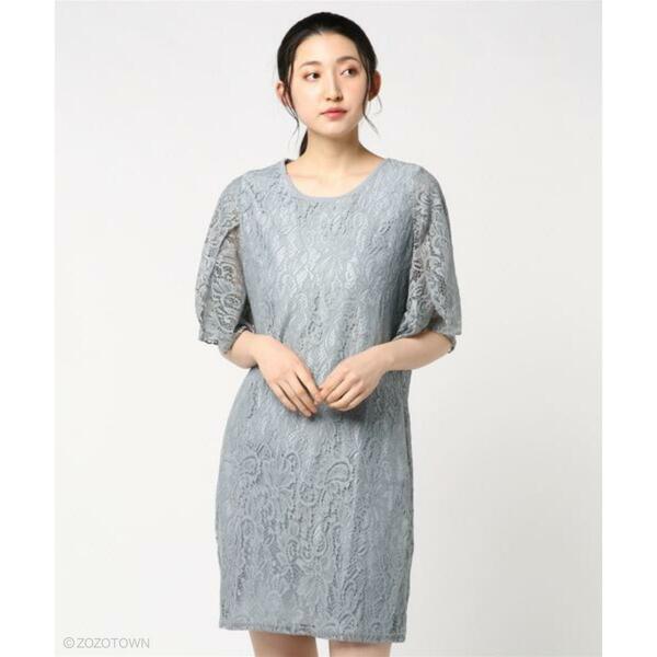 【Lace Ladies】 花柄レース 袖スリット入り ひざ丈ワンピースドレス