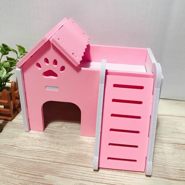 ハムスター鳥ペットラットマウス小動物用ハウスはしご付き家部屋巣箱おうち遊具　3色-ピンク