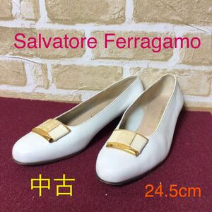 [ распродажа! бесплатная доставка!]A-128 Salvatore Ferragamo! 24.5cm! женский туфли-лодочки! low каблук туфли-лодочки! белый! б/у!