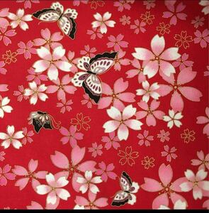 生地 ハギレ 和柄 桜と蝶 花柄 50cm 金糸プリント レッド