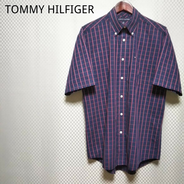 トミーヒルフィガー☆ハーフボタンダウンシャツ 半袖 チェック柄 M マルチカラー