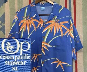 70s 80s OP オーシャンパシフィック Ocean Pacific バンブー柄 半袖 アロハ シャツ 袖に刺繍 US- XL サイズ //