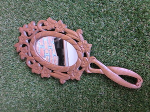 * antique hand-mirror / tree carving / equipment ornament / wooden / floral print / retro *