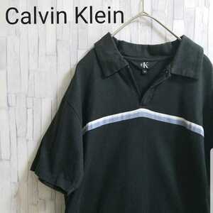 Calvin Klein カルバンクライン CK ポロシャツ シンプルロゴ ボーダー 刺繍 サイズM ブラック 半袖 送料無料