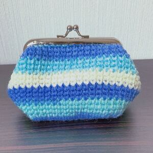 ブルーボーダーがま口ポーチ【ハンドメイド】