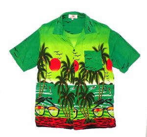 TRIYO HAWAII 夕日 サングラス ヤシの木柄 レーヨン ハワイアン アロハシャツ size M ハワイ