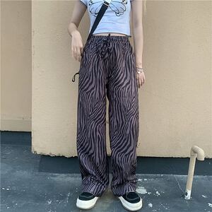 ワイドパンツ ゼブラ 総柄 イージーパンツ ボトムス ワイドレッグパンツ アニマル柄 レディース メンズ 原宿系 グレー 韓国系