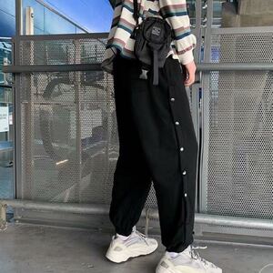 ジョガーパンツ テーパードパンツ サイドボタン ボトムス パンツ メンズ レディース L 原宿系 ストリート 黒 ブラック