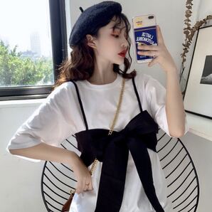 Tシャツ リボン ビスチェ セット ビッグシルエット トップス 韓国 オルチャン 白 ホワイト 黒 ブラック 2点 XL XXL