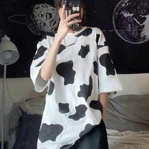 Tシャツ ビッグシルエット 半袖 トップス カウ柄 レディース メンズ L XL 原宿系 韓国系 オルチャン シャツ 白 ホワイト