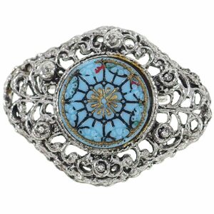 A7143* light blue. floral print Stone * flower motif * Vintage brooch *