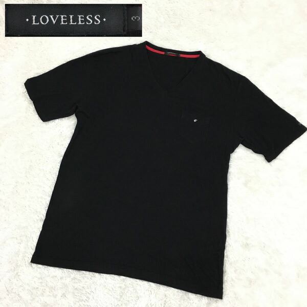 LOVELESS ラブレス 半袖シャツ Vネック 胸ポケット メタル ロゴ 綿×レーヨン メンズ サイズ3 三陽商会 黒