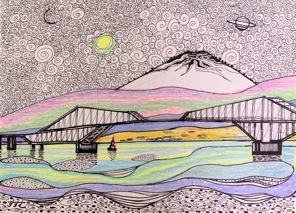 关口进东京京门大桥和富士山, 手绘并签名, 证书, 配有高品质框架, 免运费, 混合媒体, 艺术品, 绘画, 其他的