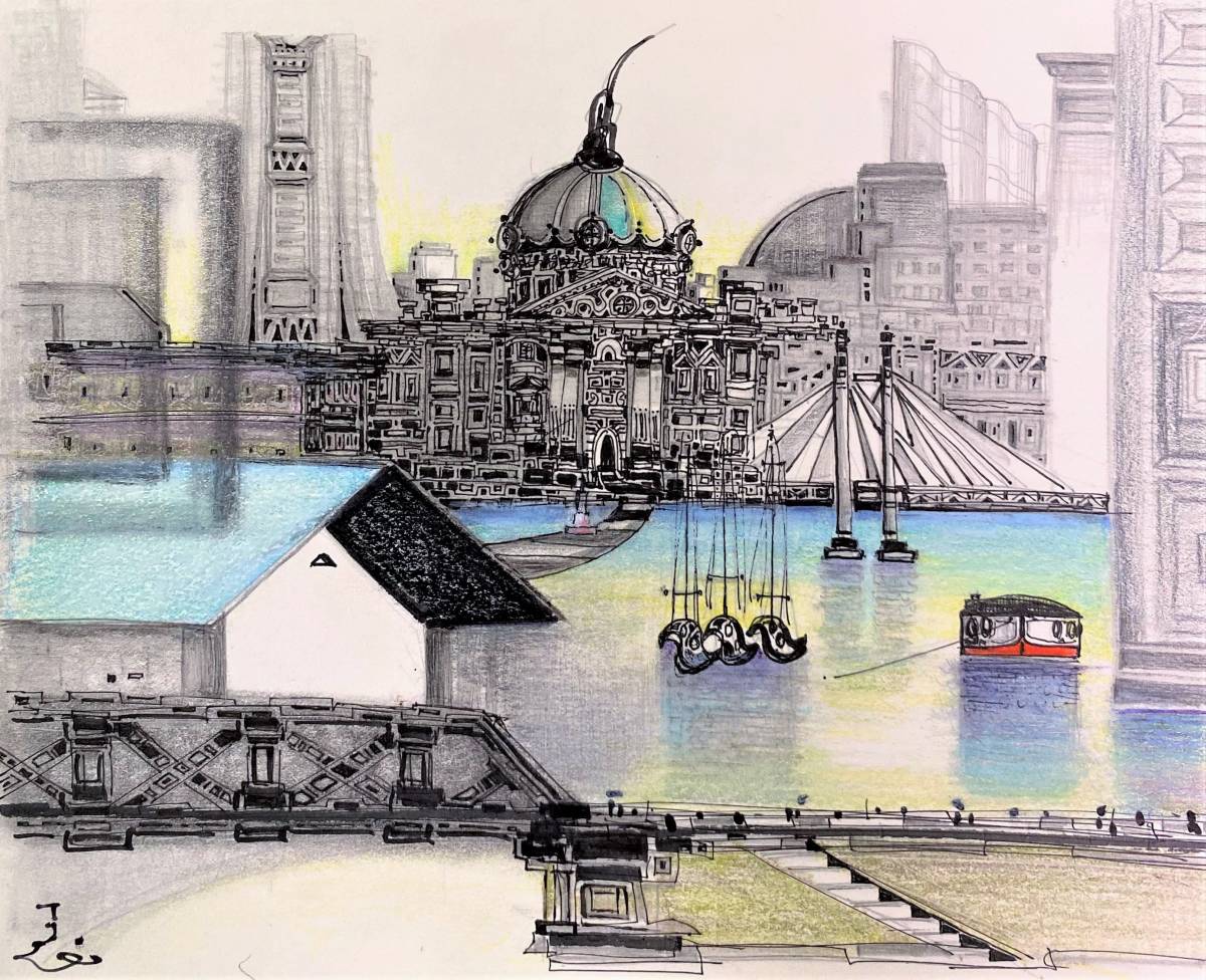 Susumu Sekiguchi Port Yokohama, Hand-drawn drawing/autographed, certificate, Comes with a high quality frame, free shipping, mixed media, artwork, painting, others
