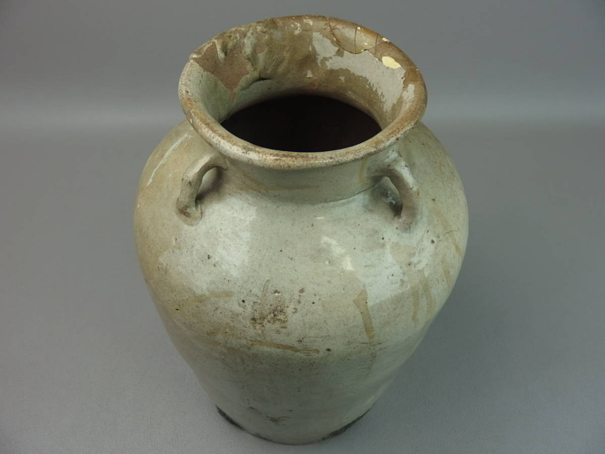 骨董・茶道具】☆古い美濃焼江戸時代美濃古窯加藤卓男識灰釉三耳壷
