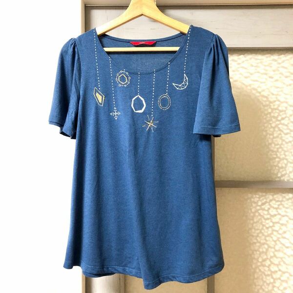 グラニフ　Tシャツ　半袖　チュニック　刺繍　ブルー　オーナメント　宝石