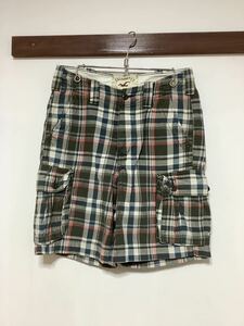 L-800 ホリスター HOLLISTER チェック カーゴハーフパンツ W30 ユーズド加工