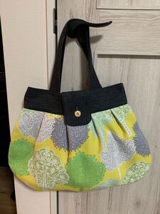 ハンドメイド グラニーバッグ デニム生地×木の柄プリント
