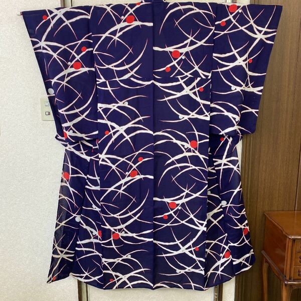 【昭和レトロ】夏のお着物　絽　鉄紺色　バチ襟　手縫い　3E-084