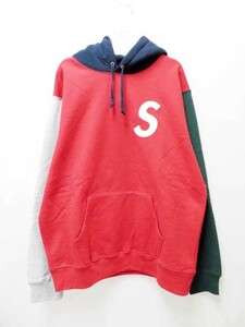シュプリーム SUPREME 19SS S Logo Colorblocked Hooded Sweatshirt Red ロゴ 刺繍 カラーブロック スウェット パーカー L 210715 ☆AA★