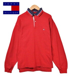 ビッグサイズ TOMMY HILFIGER トミーヒルフィガー 長袖 ポロシャツ レッド ボーダー柄 メンズXL相当(15764