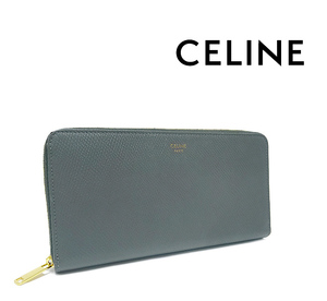 【送料無料 美品】 セリーヌ CELINE ラウンドファスナー長財布 サイフ 小物 レザー 革 グレー ゴールド メンズ レディース 大容量 シンプル