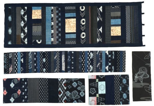 2416B4 ◆ 5 件拼布 ◆ 挂毯/地毯/餐垫/靛蓝染色棉旧布/笠/图案染色/靛蓝素色/拼布/手工, 女士和服, 和服, 古董, 重制材料