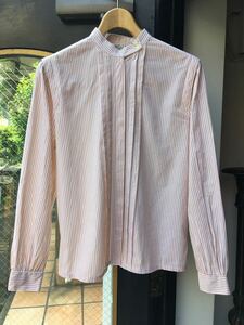 ヨーロッパ古着ストライプフロントプリーツ　パフスリーブブラウス　vintageブラウス　blouse shirt 長袖シャツLV626