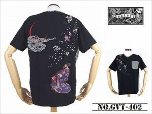 【送料無料! SPECIAL STOCK SALE 】 「satori」 髑髏花魁柄　刺繍＆切替 VネックTシャツ　NO.GVT-402 BLACK_Mサイズ