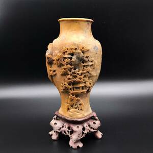 EJ0714-25-22 中国美術 寿山石 置物 花瓶 花器 細密彫刻 古玩 時代物 Ｗ13㎝ＸＤ8㎝ＸＨ30㎝　80サイズ