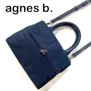 【送料無料】agnes b. アニエスベー　ナイロン　レザー　2way ショルダーバッグ　ネイビー　紺色　ハンドバッグ　レザー　カバン