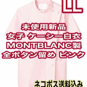 未使用新品】半袖女子ケーシー白衣 LLサイズ モンブラン ピンク 全ボタン留め 大きいサイズ ナース服 歯科衛生士 マタニティ 療法士 助産師