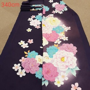 正絹 70295 紺色紫色 花柄 ぼかし シルク340cm はぎれ ハギレ リメイク ハンドメイド