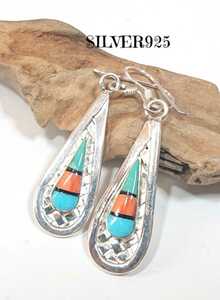 5240 SILVER925 knitting Teardrop earrings silver 925 long Indian jewelry Navajo turquoise coral .. beautiful stone 