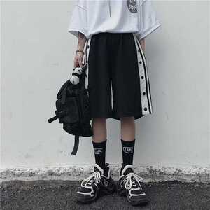 ワイドパンツ ラインパンツ サイドボタン ボトムス ショート L XL オルチャン 韓国 リゾート 渋谷 原宿 下北沢 メンズ レディース